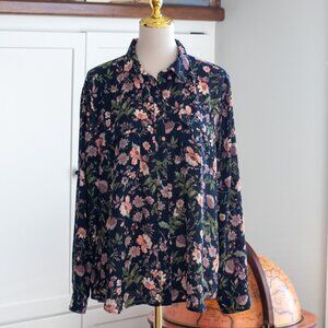 Loft Outlet XL Floral Navy & Coral & Sage Button Down Blouse